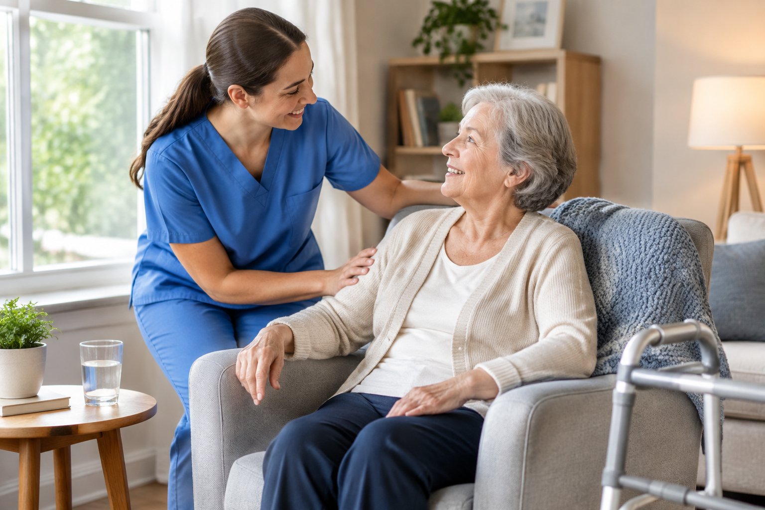 Eine Pflegekraft unterstützt eine ältere Person zu Hause nach einem Krankenhausaufenthalt.