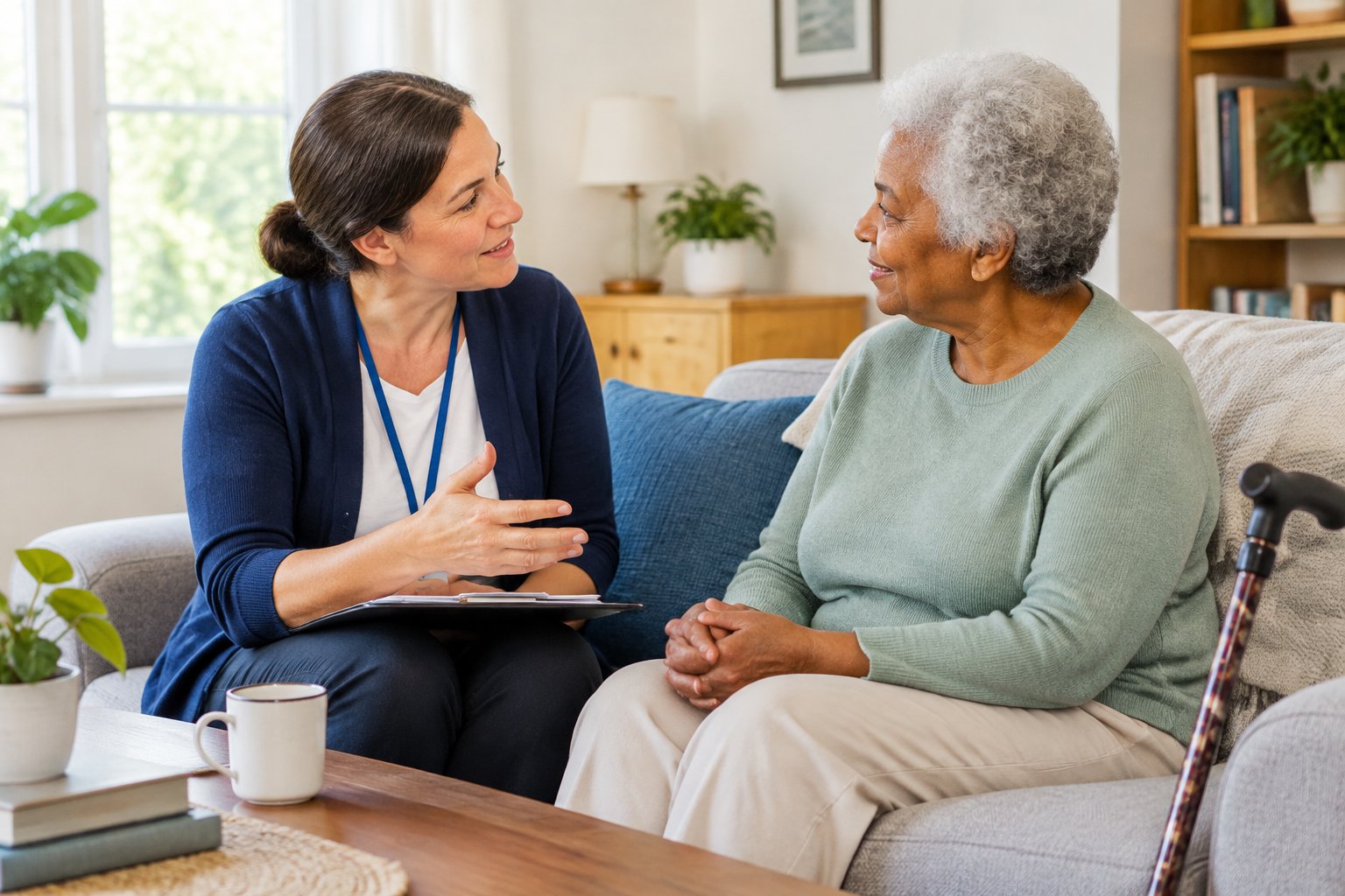 Eine Pflegeberaterin bespricht mit einer älteren Person zu Hause die weitere Versorgung nach einem Krankenhausaufenthalt.